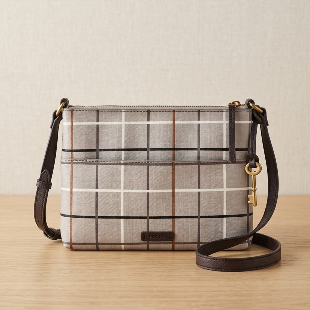 Fossil Plaid Crossbody Shoulder Bag in Taupe and Brown